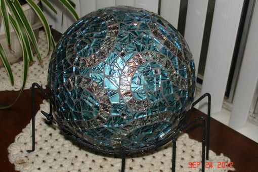 Custom Made Stained Glass Mosaic Gazing Ball In Van Gogh Blue With Copper And Mirrored Jewels