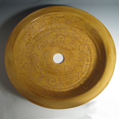 Custom Made Thrown Pottery Sink With Engraved Chrysanthemum Design In Golden Yellow
