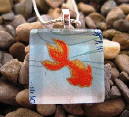 Custom Made Glass Tile Pendant With Japanese Koi Design On Silver Snake Chain Necklace