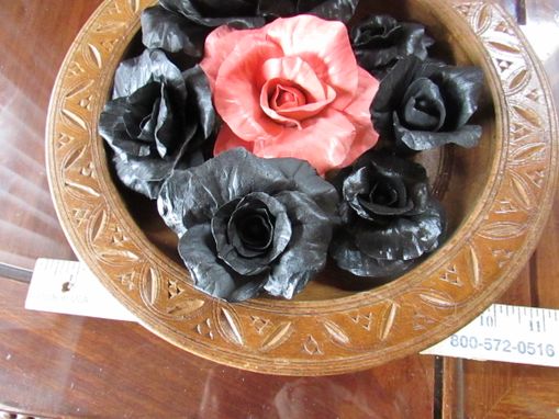Custom Made Carved Wood Bowl With Huge Pink Porcelain Rose Surrounded By Black Roses