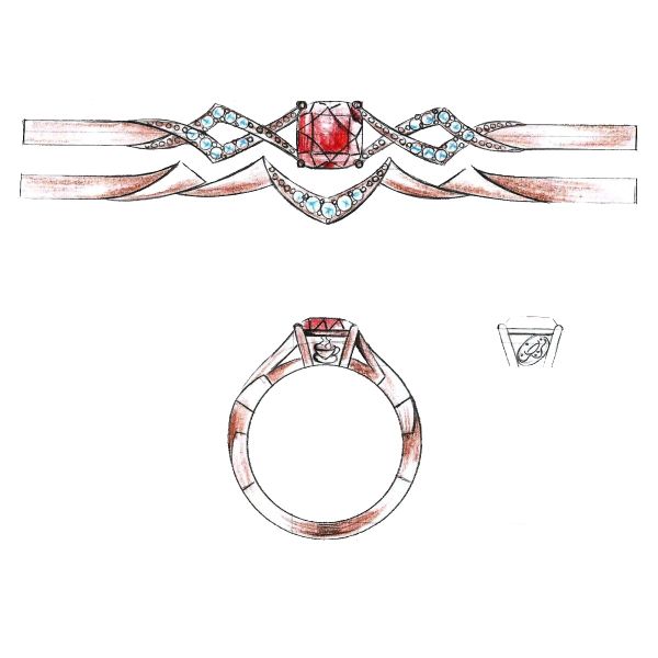 A cushion cut Mozambique garnet sits at the center of this non-traditional bridal set.