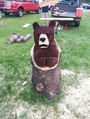 Custom Made Chainsaw Carved Brown Bear In A Log