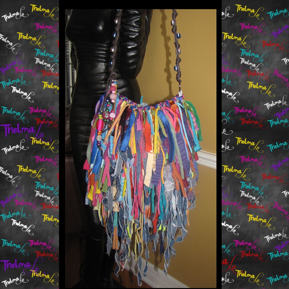 Buy Hand Made Beaded Fringe Handbag Denim & Mulitable Colors Upcycled ...