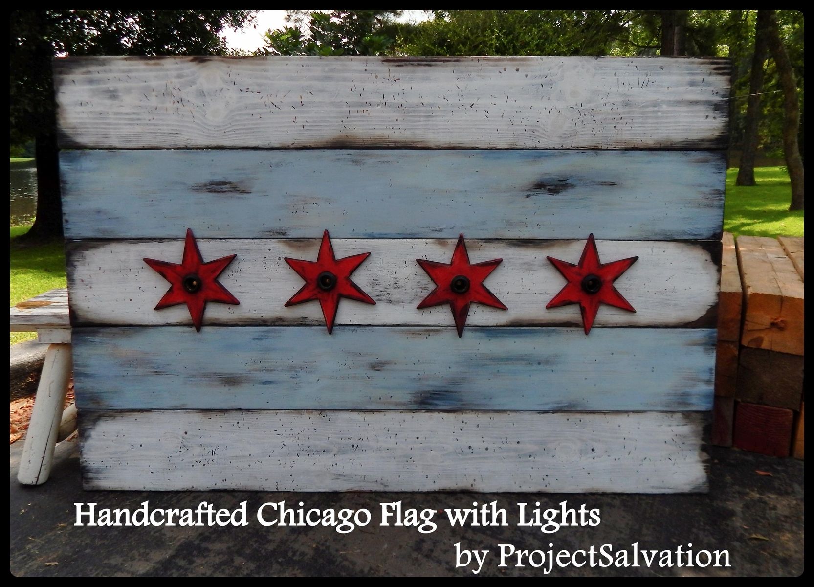 Hand Made Handcrafted Chicago Flag With Edison Style Bulbs Custom Made Handcrafted Chicago Flag With Edison Style Bulbs Reclaimed Wood Wall Art