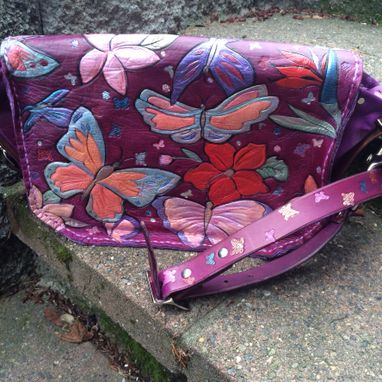 Custom Made Purple Leather Butterfly Purse With Hawaiian Flowers