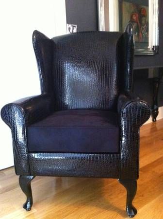 Custom Black Faux Croc Wing Back Chair, Faux Crocodile Leather Chairs