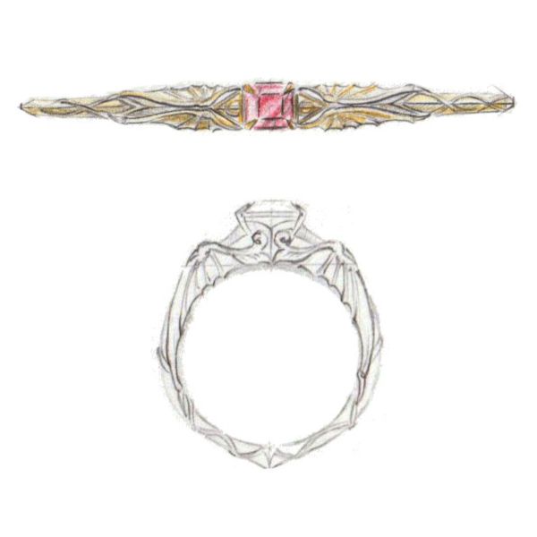 With a blood red ruby center stone, this engagement ring features a dragon-winged band and references to two fantasy fandoms.