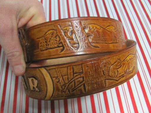 Custom Made Hand Carved Belt With Wilderness Scene And A Vw Bus