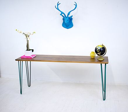 Custom Made Walnut Console Table, Teal Hairpin Legs, Mid Century Modern Console Or Sofa Table