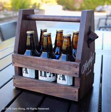 Vintage Handcrafted Wood Beer Carrier With Bottle Opener Attached