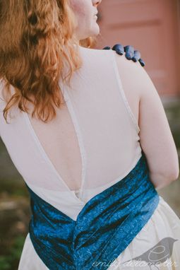 Custom Made Ashley - Upcycled Vintage Alternative Ivory Satin Wedding Dress With Beaded Blue Brocade Sash