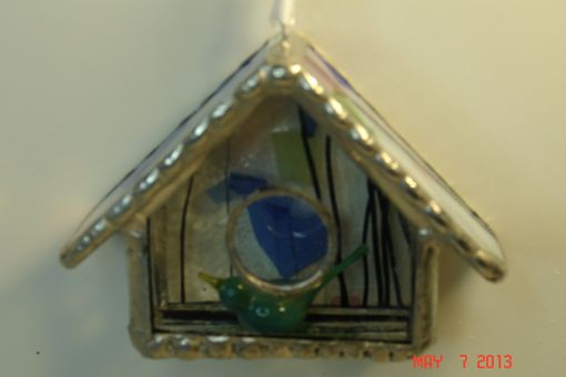 Custom Made Empty Nest Bird House Ornament In Blue / Green & White With A Green Bird