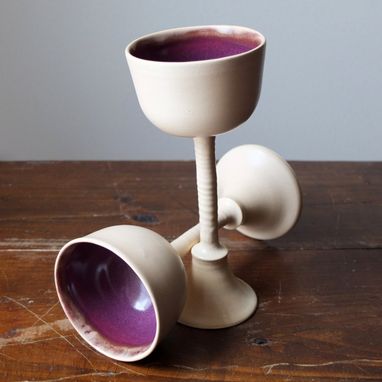 Custom Made Leaning Towers 2 Ivory Purple Wine Glasses Goblets Chalices Wheel Thrown Stoneware Ceramic Pottery