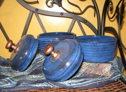 Custom Made Two Indigo Blue Stoneware Canisters/Bread Crocks