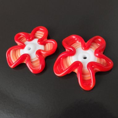 Custom Made 2 Bright Red Floral Whimsy Bead Buttons Handmade Lampwork Glass By Gemfox Sra Usa