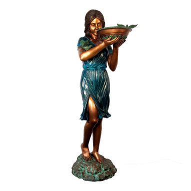 Custom Made Bronze Garden Fountain, Girl Holding A Bowl With 2 Birds