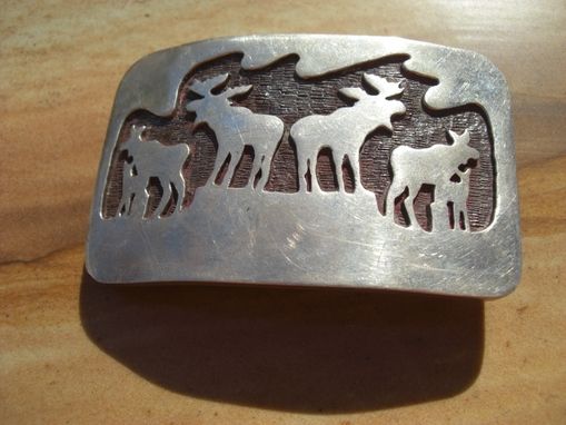 Custom Made Buckle Sterling .925 Moose Bull, Cow, Calf Under An Aurora