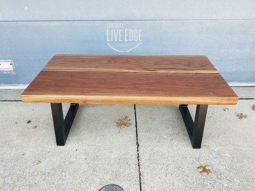 Custom Made Walnut Coffee Table On Trapezoidal Steel Bases