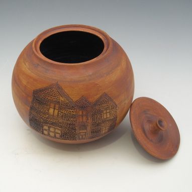 Custom Made Lidded Jar With Houses