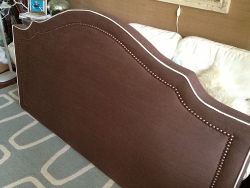 Custom Made Notched Upholstered Headboard, Chocolate Brown Linen, Light Colored Cording
