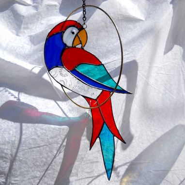 Custom Made Stained Glass Parrot In A Ring Suncatcher Mobile
