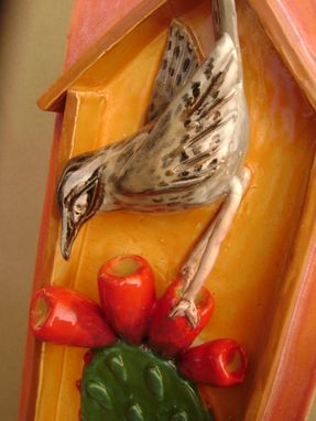 Custom Made Cactus Wren With Prickly Pear Fruit 3-D Tile Wall Decor, Ready To Ship.