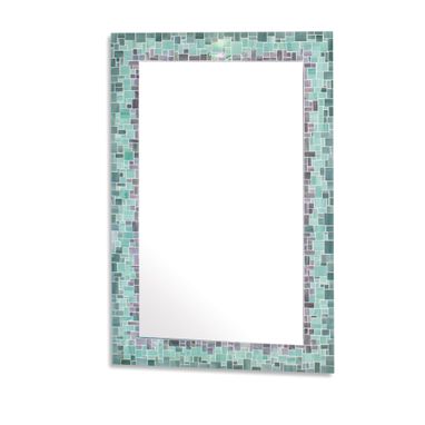 Custom Made Sunburst Decorative Mosaic Wall Mirror In Iridescent Gray, Sea Green, And Blue Stained Glass