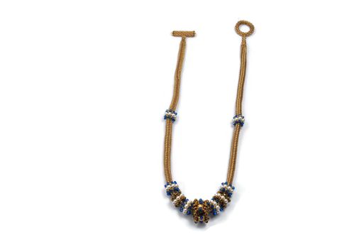 Custom Made Bronze And Sapphire Beaded Necklace With Pearl And Crystal Beaded Beads