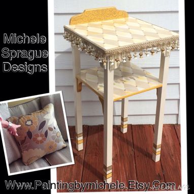 Custom Made Accent Side Table Custom Designed Hand Painted Whimsical Painted Furniture Harlequin Scroll