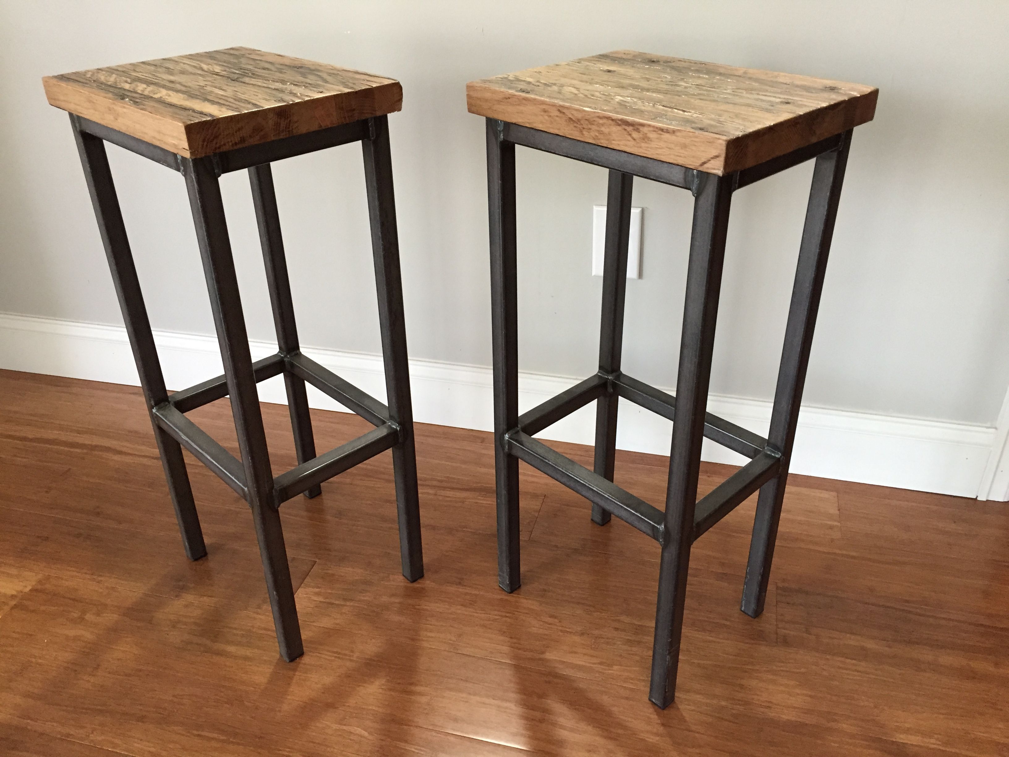 Buy Hand Made Reclaimed Oak Wood Bar Stools W/Steel Frames - Handmade ...