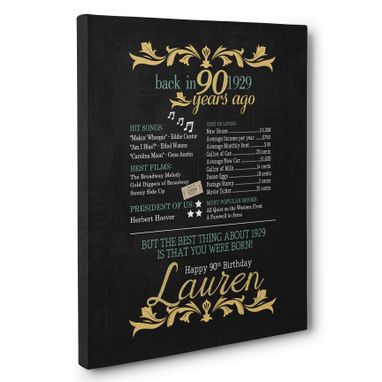 Custom Made 90th Birthday Chalkboard Born In 1929 Gold And Teal Stats Canvas Wall Art