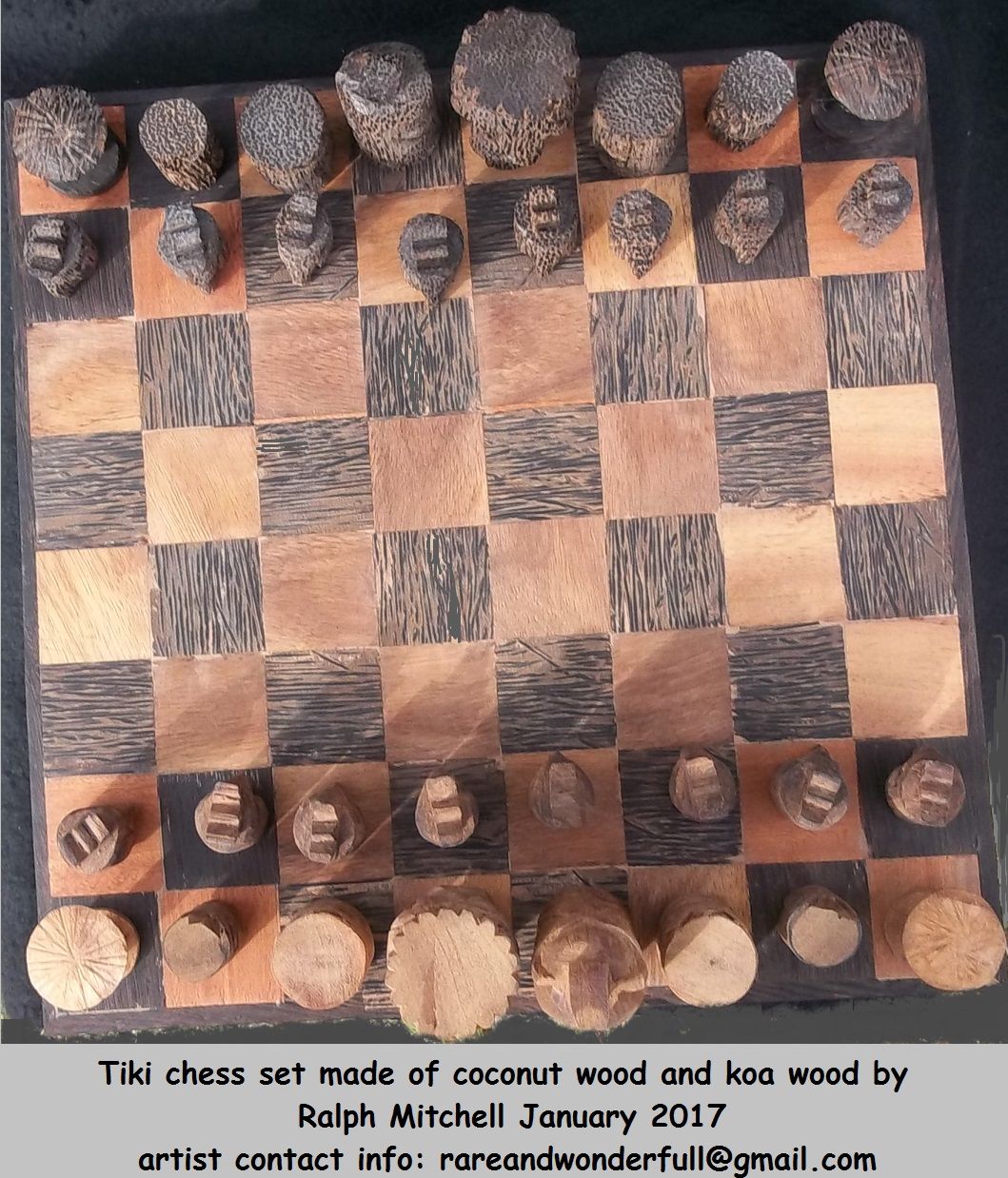 Hand Crafted Tiki Carved Coconut And Koa Chess Board by furnishings of