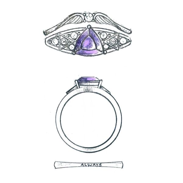Hidden hallows symbols support the light purple Madagascar sapphire center stone in this bridal set.