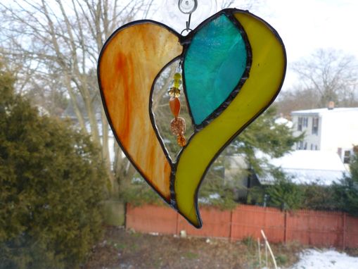 Custom Made Colorful And Iridescent Stained Glass Heart With Beads And Crystals