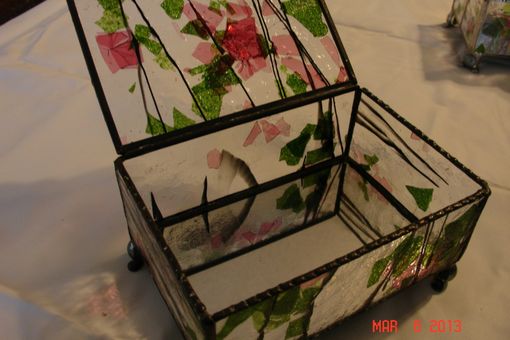 Custom Made Deep Red And Green Fractured Glass With Marbled Feet - Stained Glass Jewelry Box