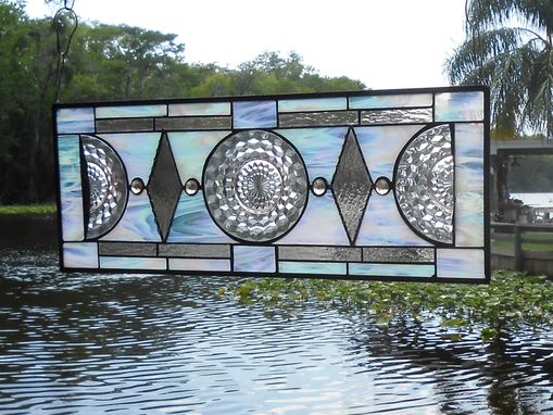 Custom Made Stained Glass Plate Panel, Vintage Jeannette Cubist Stained Glass Window Transom