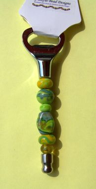 Custom Made Bottle Opener With Handmade Lampwork Beads In Green And Turquoise