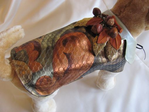 Custom Made Metallic Printed Muticolor Leather Dog Coat With Vintage Brooch.