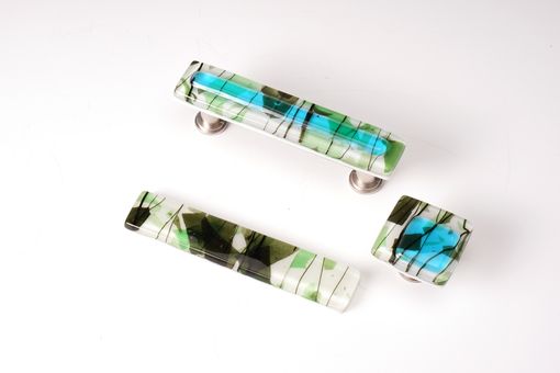 Custom Made Skyblue With Green Fractures And Streamers Stacked Ivory Fused Glass Cabinet Pull