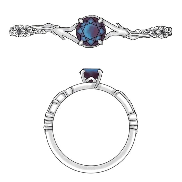 A round alexandrite blossoms at the center of this tree inspired engagement ring.