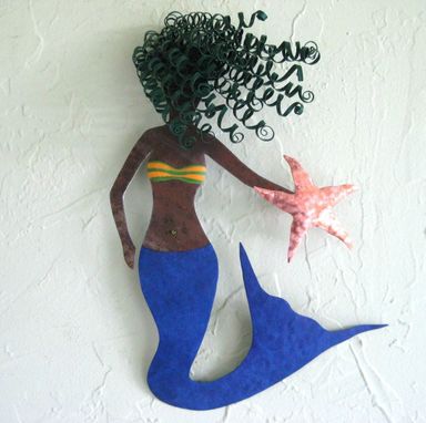 Custom Made Handmade Upcycled Metal Mystical Mermaid Wall Art Sculpture In Blue