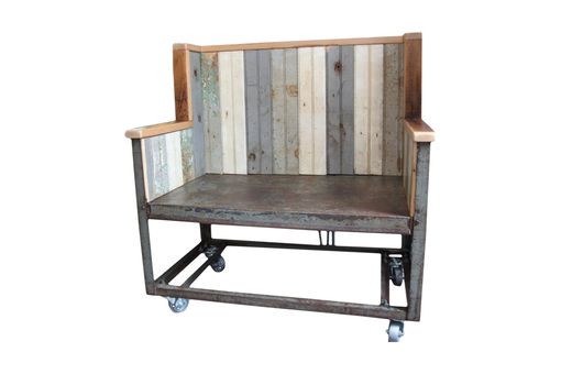 Custom Made Industrial Rolling Cart Bench, Reclaimed Tongue & Groove Panels