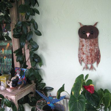 Custom Made Owl Wall Art Sculpture Recycled Metal Animal Wall Decor Folk Art Kitchen Wall Decor Bird Art 7 X 15