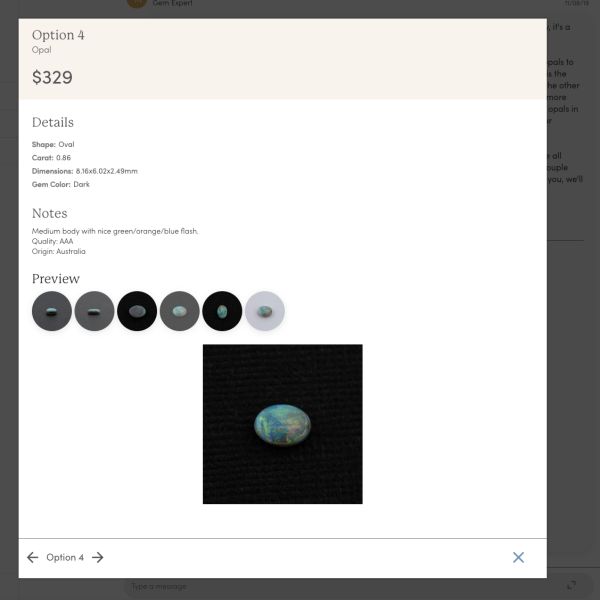 Clicking in to each of the opals shows pricing, details, and a range of professional photos for each gem.