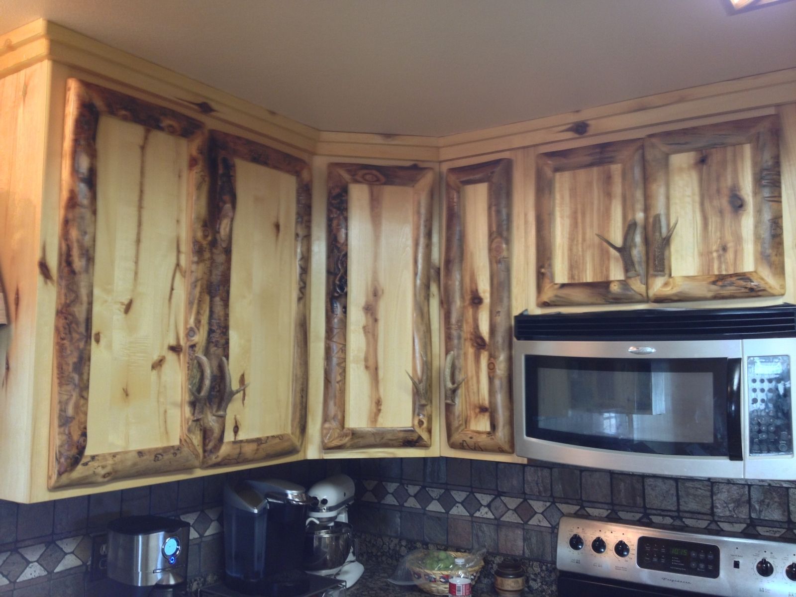 Hand Crafted Rustic Aspen Log Kitchen And Built In Wall Spice