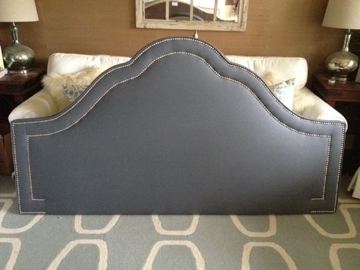 Custom Made Upholstered Arched Headboard, Charcoal Linen, Silver Nailhead