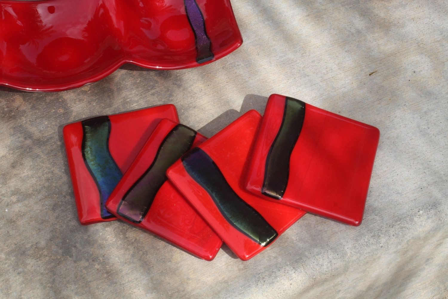 Hand Made Red Glass Coasters In Set Of 4 by J.M. Fusions LLC