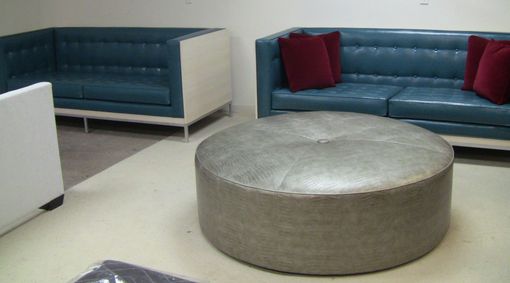 Custom Made Custom Built Sofas In Driftwood With Custom Whitewash Finish And Metal For The University House In Fullerton, Ca - 60" Round Ottoman In Vinyl With Center Button