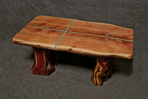 Custom Made Cedar Slab Table With Natural Living Edges And Four Directions Turquoise Inlay