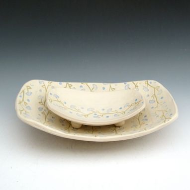 Custom Made Set Of Two Pottery Serving Bowls In Cream With Blue Flowers